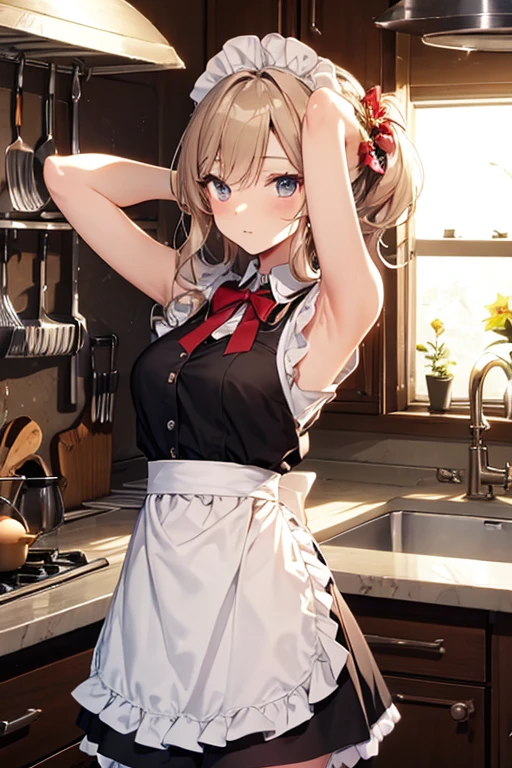 A maid, (in kitchen), various hair styles, night, details face, short skirt, seducing, sleeveless, maid uniform, armpits, elf