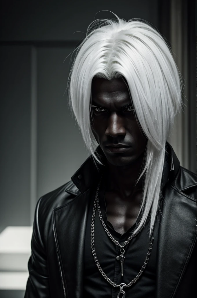 A white haired boy with black an imposing look, but sinister, a beautiful face, white skin and average height 