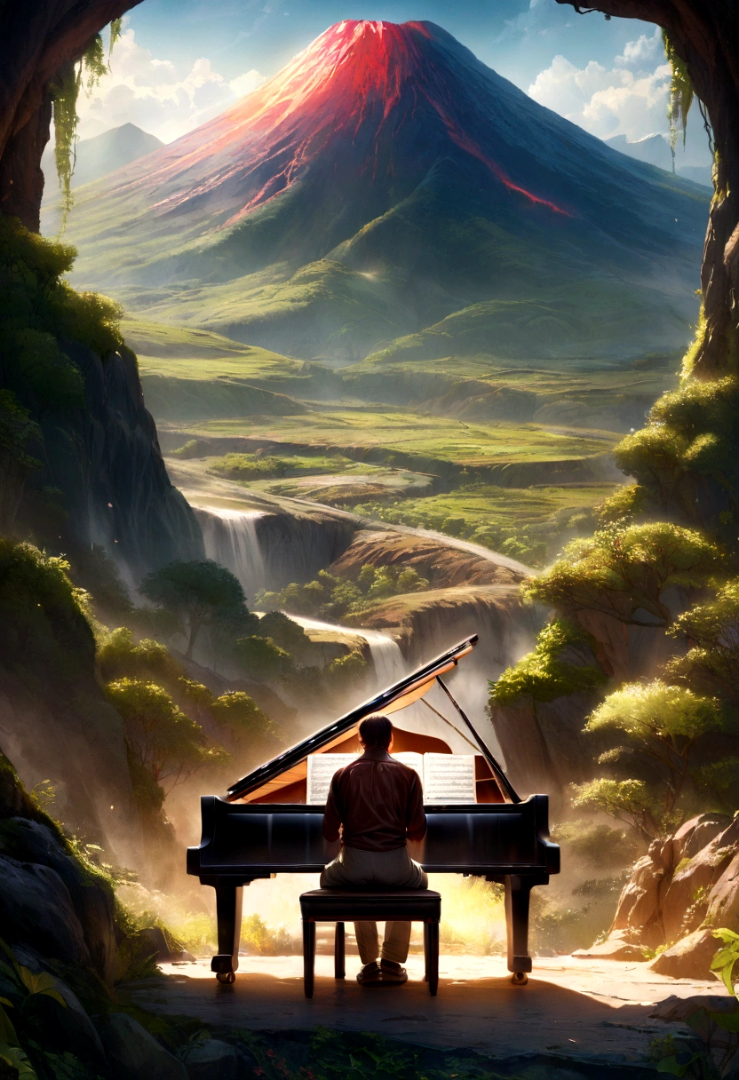 a young gorilla singer playing piano in a place near a volcano, highly detailed, photorealistic, cinematic lighting, vibrant colors, intricate details, lush environment, dramatic composition, masterpiece