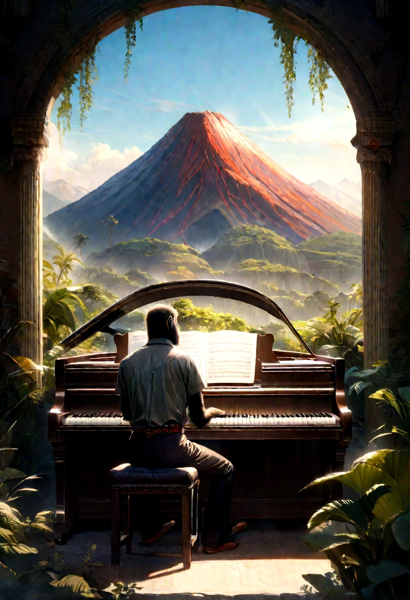 a young gorilla singer playing piano in a place near a volcano, highly detailed, photorealistic, cinematic lighting, vibrant colors, intricate details, lush environment, dramatic composition, masterpiece