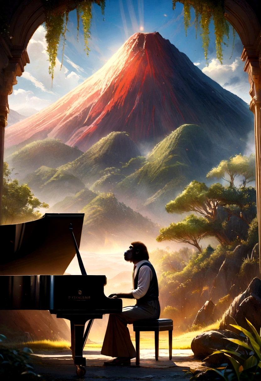 a young gorilla singer playing piano in a place near a volcano, highly detailed, photorealistic, cinematic lighting, vibrant colors, intricate details, lush environment, dramatic composition, masterpiece