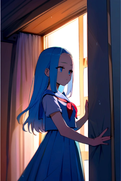 (back beautiful hip style) (solo:2 ,15 yo forehead blue hair long hair lovely girl, cute blue eyes, looking at out the window), (in a summer sailor suit, skirt, red ribbon), break, in the bedroom, background out side of rain:1.2, BREAK, perfect anatomy, masterpiece, best quality, 16k, beautiful detailed rainy, daydreaming expression.