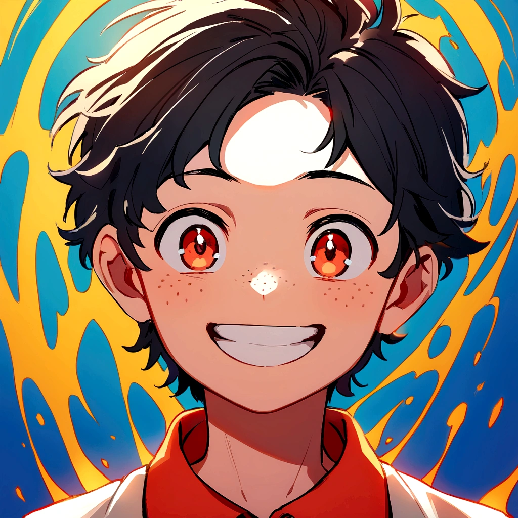 Alexander is a smiling 13-year-old human boy, with black hair, and with a face with freckles polos