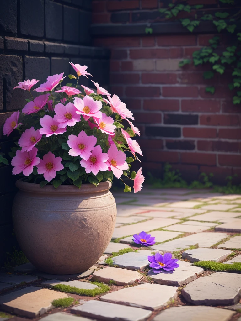 Red flowers in pot on stone floor，The background is a brick wall,nice images, Flowers and branches hanging on the floor，Beautiful flowers,Background Depth of Field