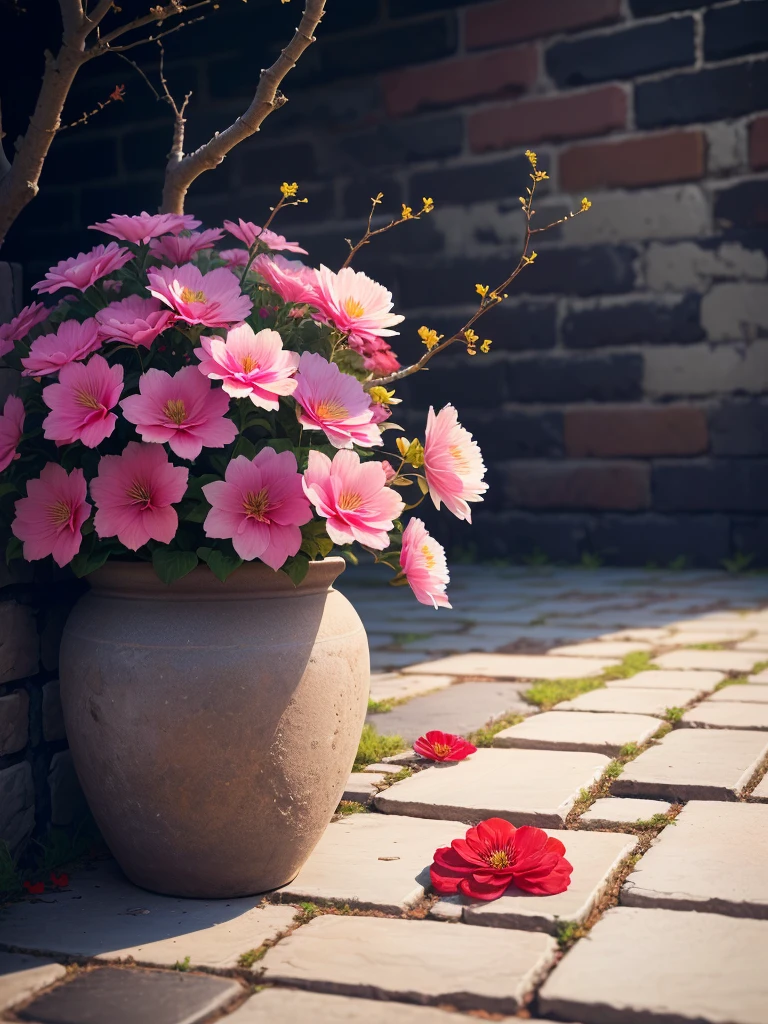 Red flowers in pot on stone floor，The background is a brick wall,nice images, Flowers and branches hanging on the floor，Beautiful flowers,Background Depth of Field