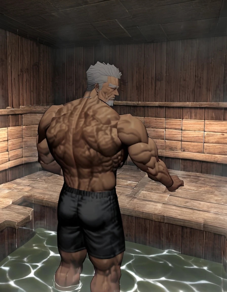 Muscular old man，In the sauna，Chest，arm，back，The legs are big。Rich facial details，Chest有暴筋，Black shorts stand out