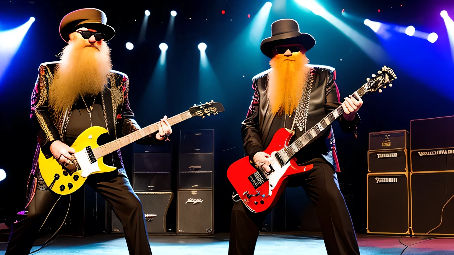 Billy Gibbons e Dusty Hill do ZZ Top, ON STAGE PLAYING ELETRIC GUITAR, STAND FULL BODY, RED JACKET,