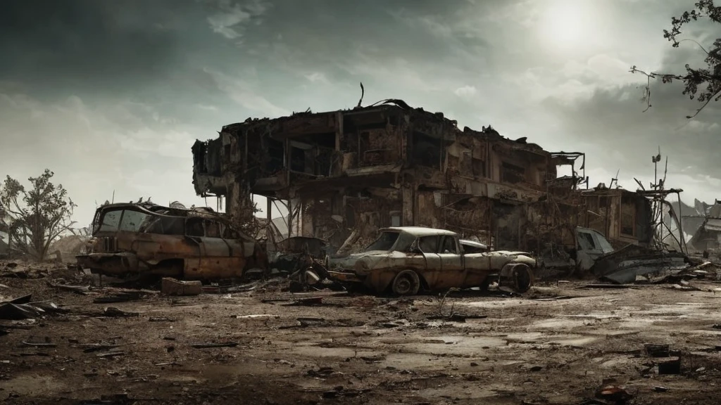a desolate abandoned cosmodrome, crumbling concrete structures, rusted metal, overgrown vegetation, atmospheric lighting, moody tones, cinematic composition, dramatic shadows, abandoned vehicles, decaying remnants of space exploration, sense of isolation and decay, highly detailed, photorealistic, 8k, masterpiece, isometric