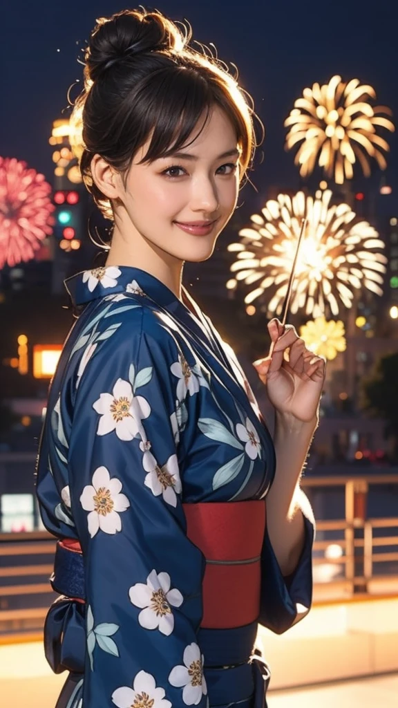((masterpiece)),(((Highest quality))),((Character design sheet)),A Japanese yukata with a bright floral and flower pattern in a combination of light blue and navy blue.:1.5,Stylish sandals:1.5,The best smile:1.5,Upper Body Shot:1.5,Night fireworks background:1.5,Flashy makeup with red eyeshadow:1.5,Bun Hair:1.5,