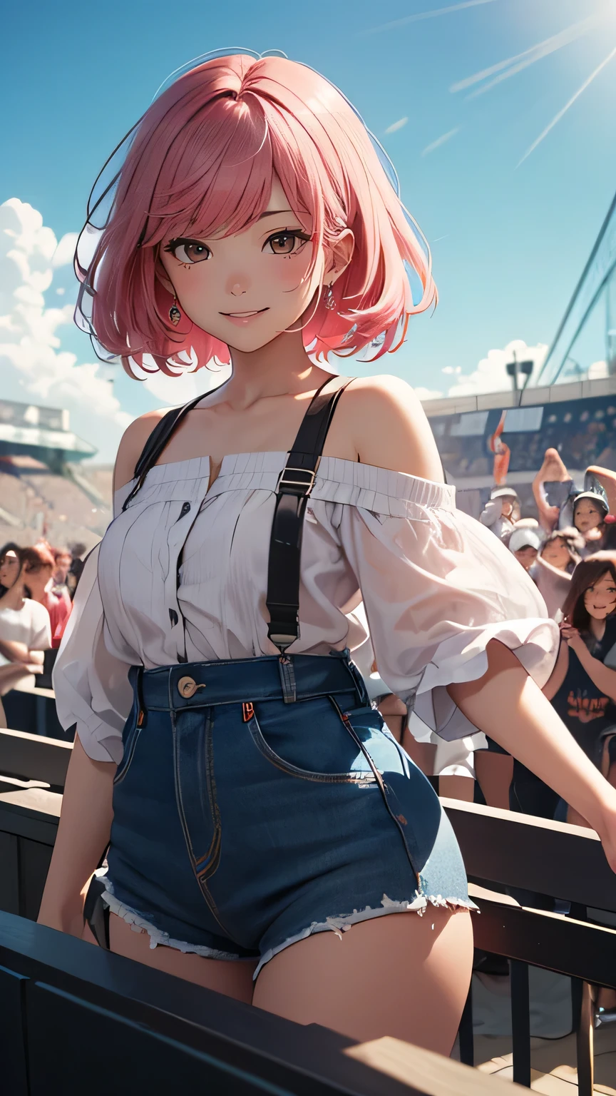 (Raise your consciousness:1.1)、(Highest quality)、(masterpiece:1.1)、(Beautiful and vibrant background:1.25)、(masterpiece、Highest quality、Very detailed)、(Realistic)、(Beautiful and exquisite)、Sunny outdoor stage、(Pink Hair、Redhead)、
One Girl、alone、Looking at the audience、Cowboy Shot、Upper Body、
 Ayumu Uehara、Brown eyes、Damaged Shirt、Denim hot pants、Bright smile、Written boundary depth、
Expose your shoulders、Raise your hand