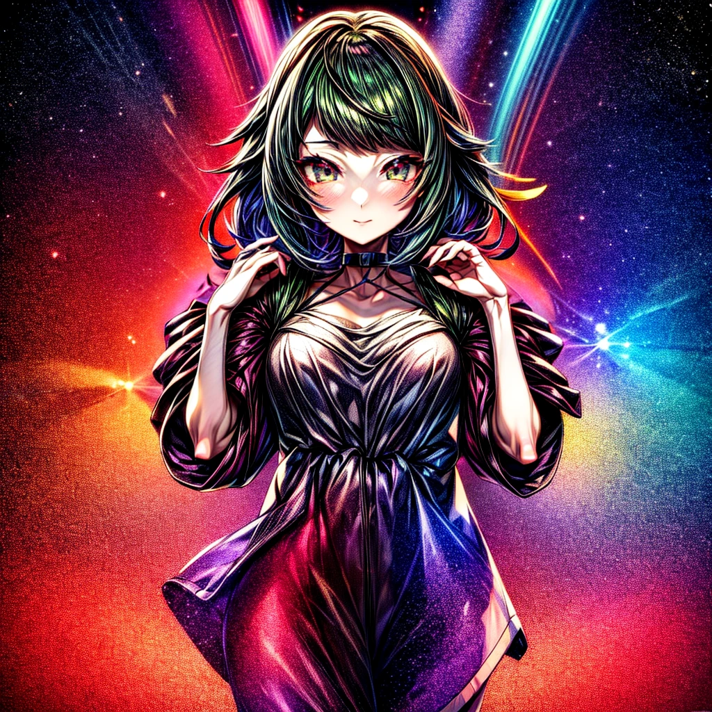 This is a high definition anime portrait (8k) which features a girl with green eyes that stand out, She is tall with prominent curves and a choker, looking directly at the camera. Her hair is a vibrant mix of red on the outside and violet on the inside., with patterns and a stellar glow that suggests a space and starry background. The image has a detailed art style, with influences from artists such as Ilya Kuvshinov and Krenz Cushart, and is characterized by its colorful and cheerful expression.