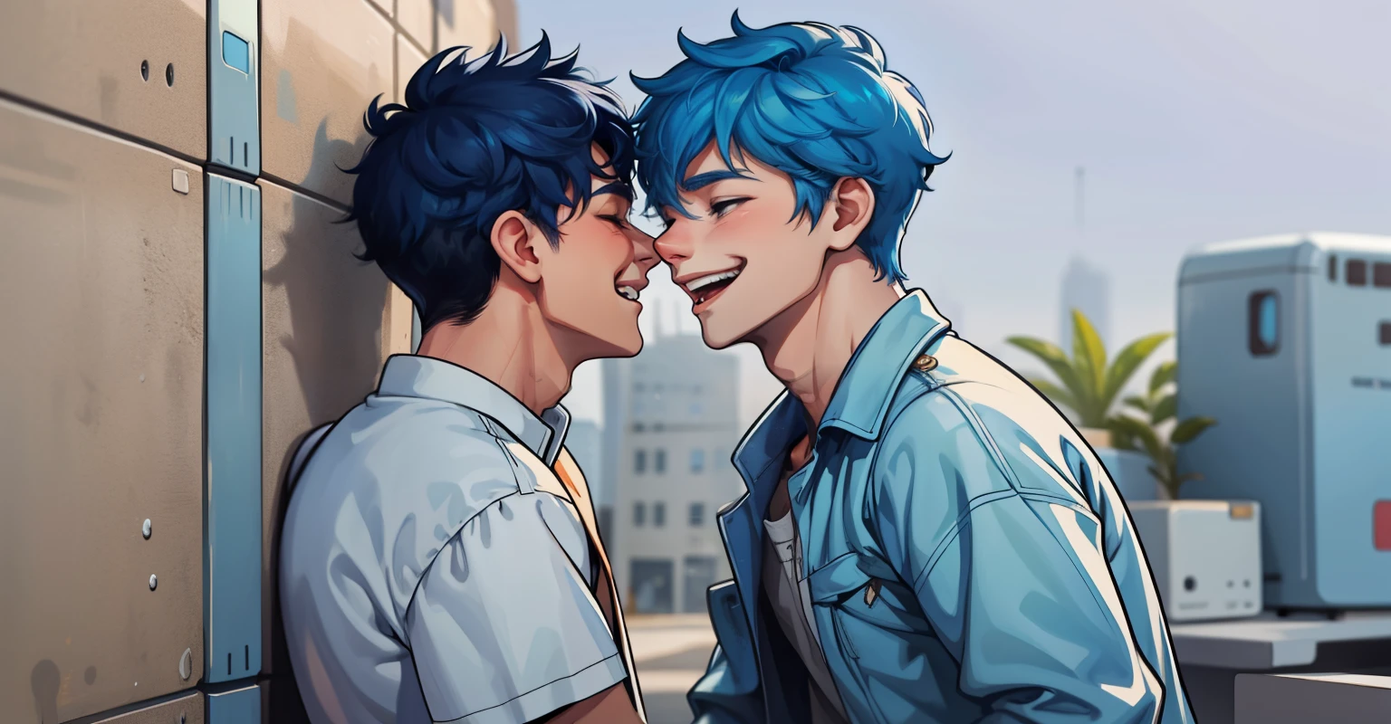 There are two boys with blue hair, they love each other, they smile with joy.