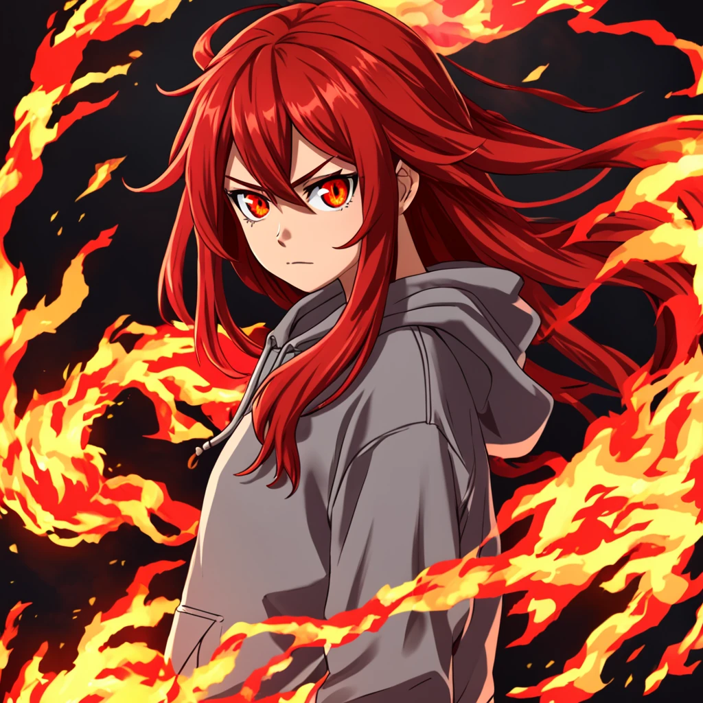 teenage woman, long and tied red hair, Eyes red, sweatshirt, fire elemental power.