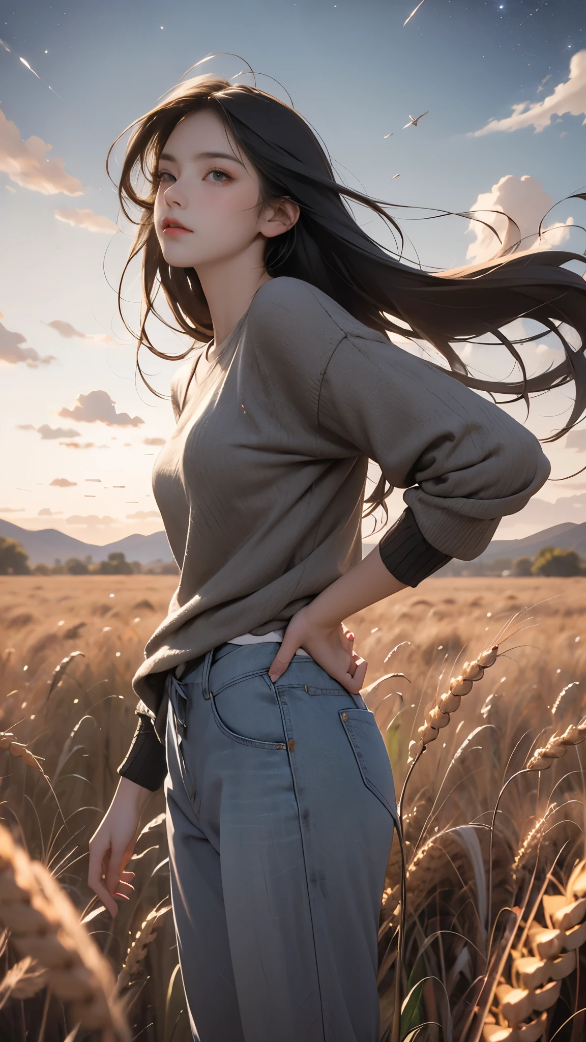 a beautiful woman，23 years old，A man standing in a vast wheat field，Tachibana crimson long-haired，Hair is messy and floating，Green eyes，Full body female love，（大Red loose sweater），Loose slacks，Sweater flutters，Edge light，（Fainting with long hair：1.5），best quality，tmasterpiece，Ultra-high resolution），（realisticlying：1.4），Slim，（shiny skin），（The woman's face looks up at the sky），Top fashion，（（Red loose sweater）），Autumn weather，Light Solution，（beautifulface：1.1），delicate eyes，lusciouslips，Depth of Field、Bokeh，author（James S. c. Christensen：1.2|Jeremy Lipkin：1.1），octane，sky sky，Star（sky sky），Starry Sky，night，Night Sky，solo，Exterior，​​clouds，galactic