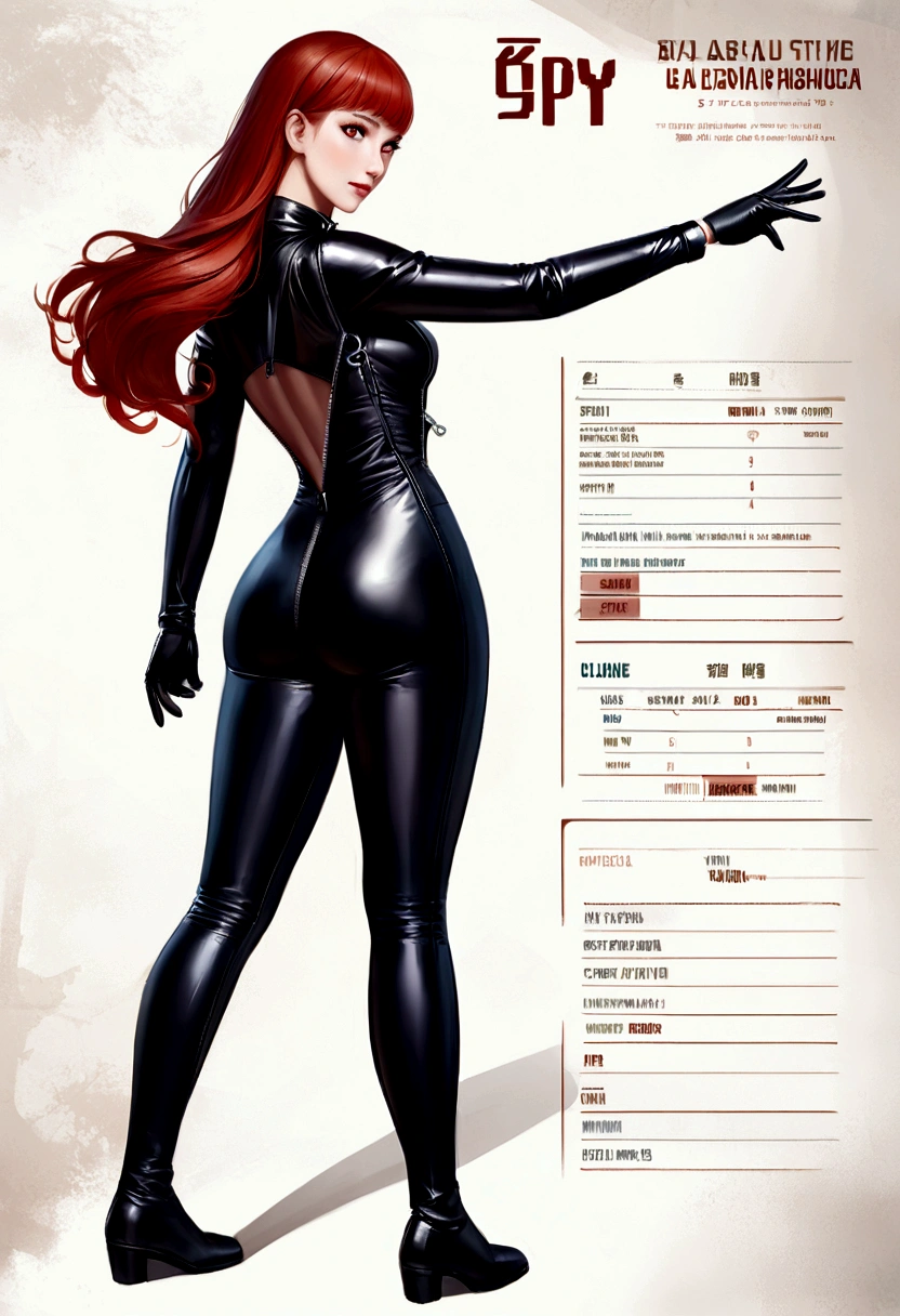 fotorrealista, Cinematic lighting, Cool pose, back view, looking at viewer, 1girl, russian woman, 30 years old, long hair, red hair, Black Spy suit, black knee boots, Black gloves, spy, full body, standing, (solo), street fighter art style, zipper, full-lenght zipper, partially unziped, blue eyes, white background, character sheet