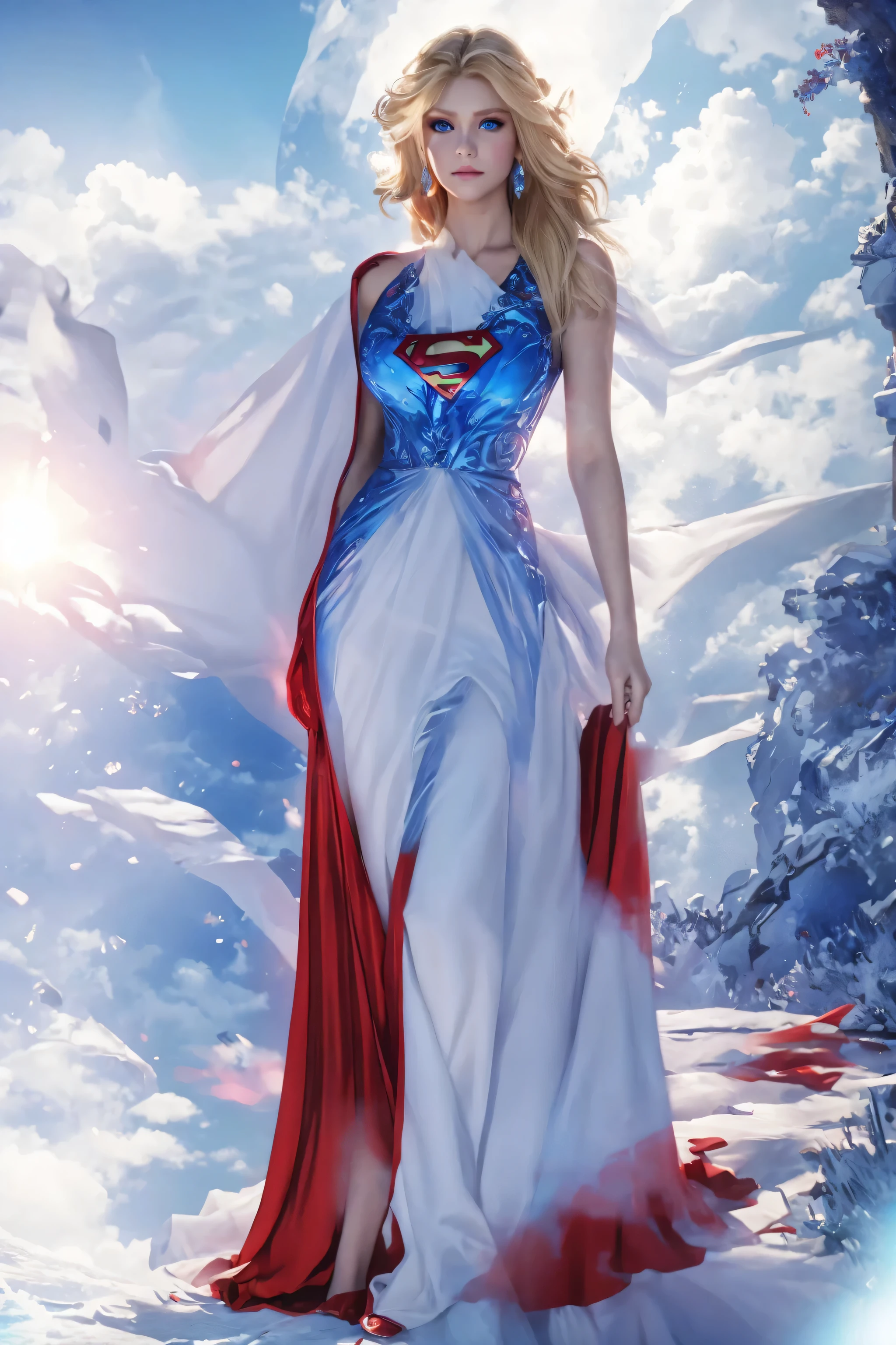 The character Supergirl dressed as a bride, perfect costume in the red and blue colors, extremely beautiful blue eyes, gorgeous blond hair