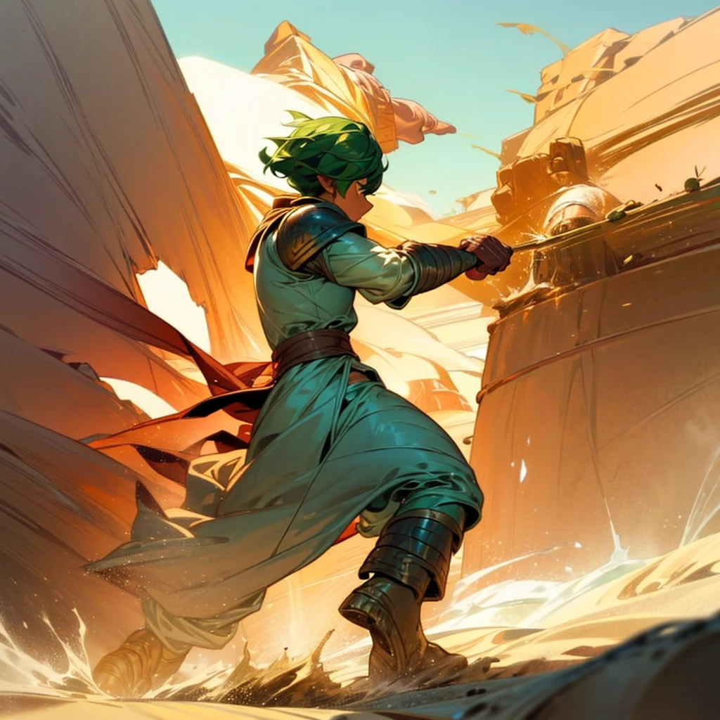 1boy, Full body version, 1character, (sand wanderer), brown eyes color, dark skin, (Curly cut hairstyle), small eyes type, green colour hair, doctor ancient roman clothing style, white color clothing, dark green robe, Ancient roman boots, armor vest, sands in two hand, Grassroots background in desert, (battle, battle gesture, battle poses, view character on small, He a sand wanderer, he controls sand with his hands, he fights enemies with sand, enemies, bandits, Fighting, intense battles, fighting in desert, Dynamic Pose, Motion Blur, emphasis lines, sparks, plasma, aura)