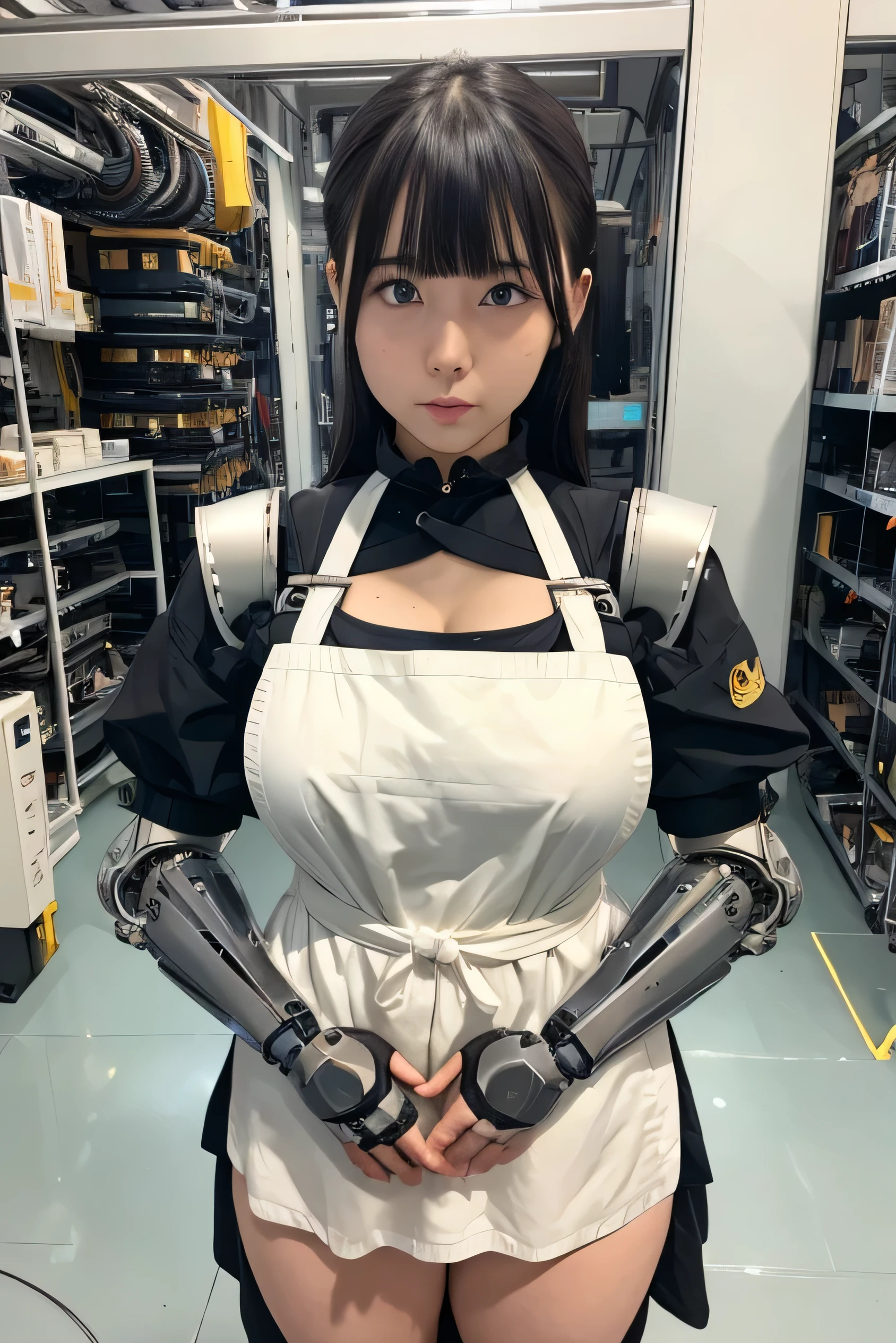 masterpiece, best quality, extremely detailed, Japaese android girl,Plump , hug,control panels,android,Droid,Mechanical Hand, Robot arms and legs, Black hair,Blunt bangs,perfect robot girl,long tube,thick cable connected her neck,apron,android,robot,humanoid,cyborg,japanese cyborg girl ,robot-assembly plant,She is assembled now,assembly scene,chest monitor,blue eyes