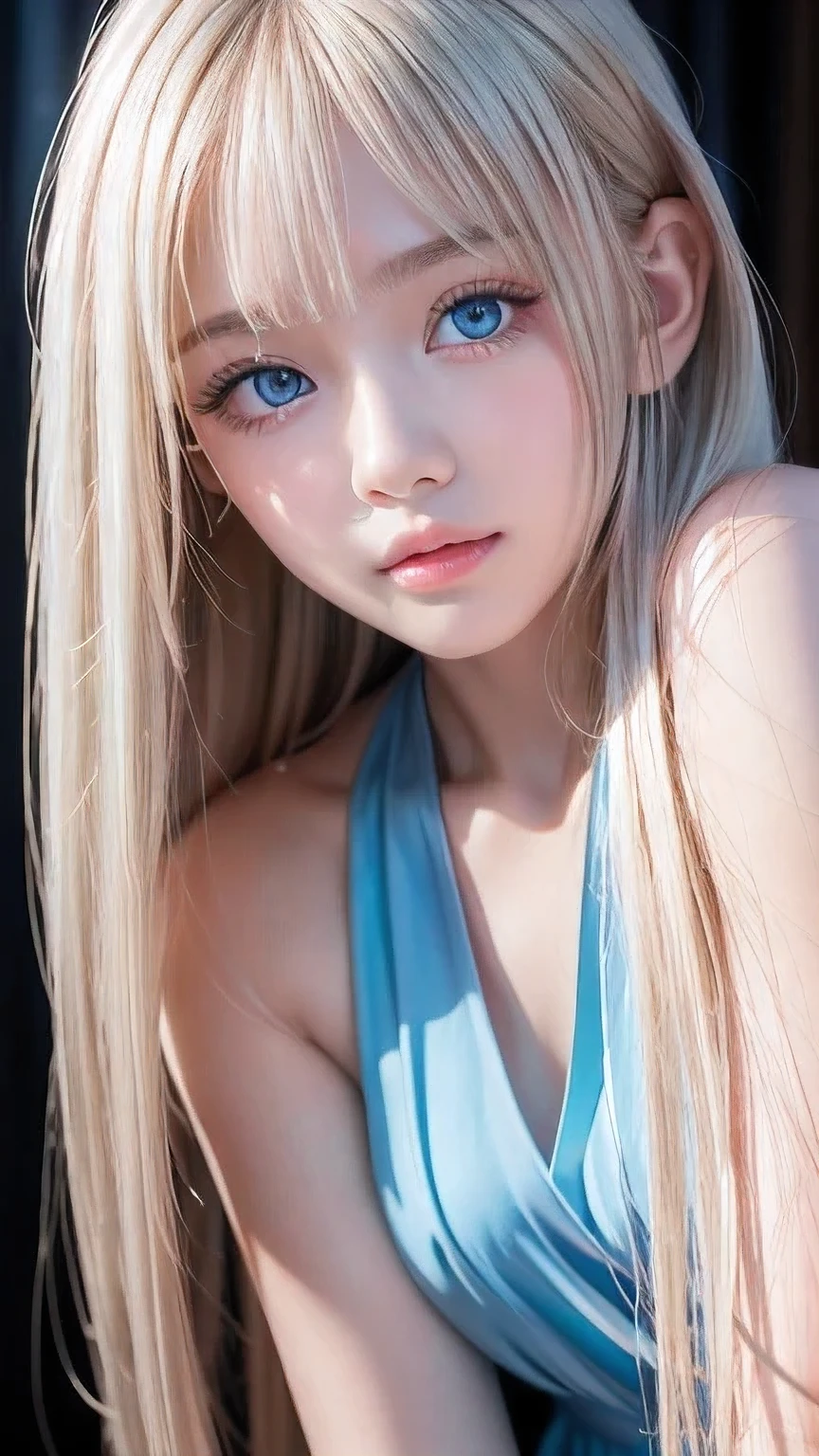 Highest quality、masterpiece、Ultra-high resolution、(Photorealistic:1.4)、1 Girl、14 years old、The ultimate beautiful girl、Very beautiful shiny light pale blonde hair、Super long straight silky hair、bangs over eyes、片bangs over eyes、Blonde hair between the eyes、Blonde hair hanging in the center of the face、Big, very bright, pale blue eyes that shine beautifully、Very big bright eyes、Eye highlights、shoulder、Charm、Looking at the camera、Very white and bright skin、Small Face Beauty、Round face、A shy and cheerful expression、Looking up、Cheek gloss highlighter