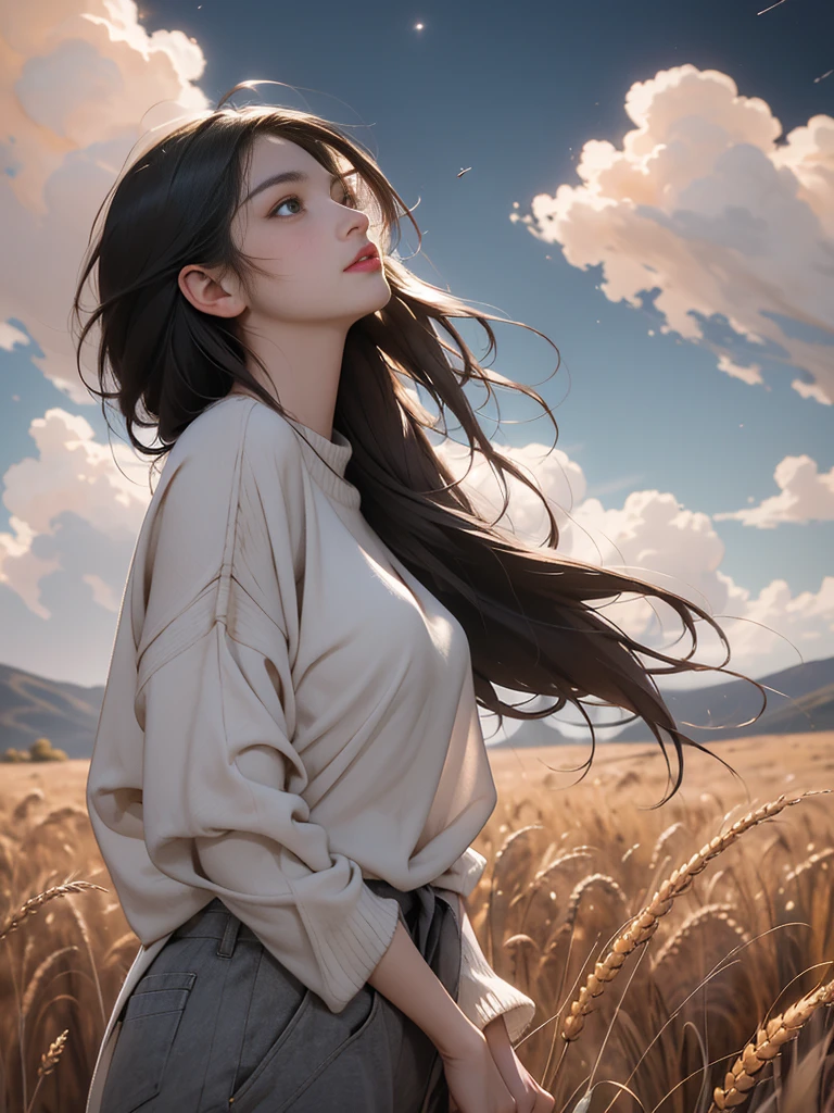 a beautiful woman，23 years old，A man standing in a vast wheat field，Tachibana crimson long-haired，Hair is messy and floating，Green eyes，Full body female love，（大Red loose sweater），Loose slacks，Sweater flutters，Edge light，（Fainting with long hair：1.5），best quality，tmasterpiece，Ultra-high resolution），（realisticlying：1.4），Slim，（shiny skin），（The woman's face looks up at the sky），Top fashion，（（Red loose sweater）），Autumn weather，Light Solution，（beautifulface：1.1），delicate eyes，lusciouslips，Depth of Field、Bokeh，author（James S. c. Christensen：1.2|Jeremy Lipkin：1.1），octane，sky sky，Star（sky sky），Starry Sky，night，Night Sky，solo，Exterior，​​clouds，galactic