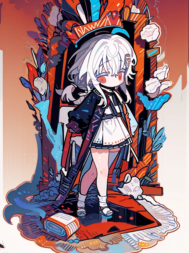 A girl，Bangs，（Standing picture），（whole body），Character Design，Long hair，Fashion Design，Complex headdress，Complex clothes，cute，Everyday wear，White hair，Low double ponytail，bandage，miniskirt