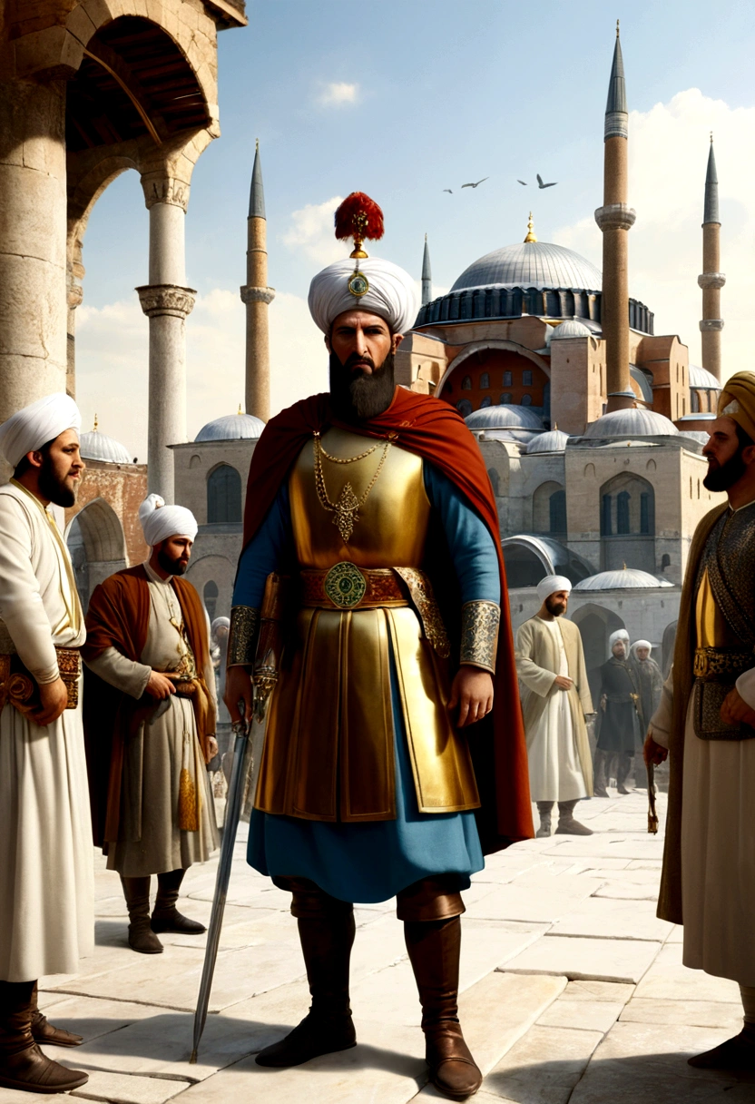 {
"prompt": "A detailed image of the aftermath of the fall of Constantinople, with Ottoman soldiers patrolling the streets and Byzantine buildings in ruins. Byzantine civilians, dressed in traditional attire, are shown in despair and mourning. Sultan Mehmed II, in golden armor and a royal turban, stands triumphant in the foreground, symbolizing the end of the Byzantine Empire. The Hagia Sophia looms in the background, now under Ottoman control.",
"size": "1024x1024"
}