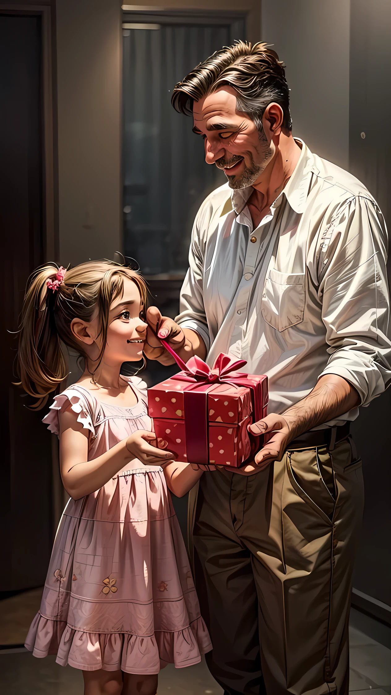 apparently he is 6 years old, giving a gift to his father who is apparently 35 years old, she's smiling