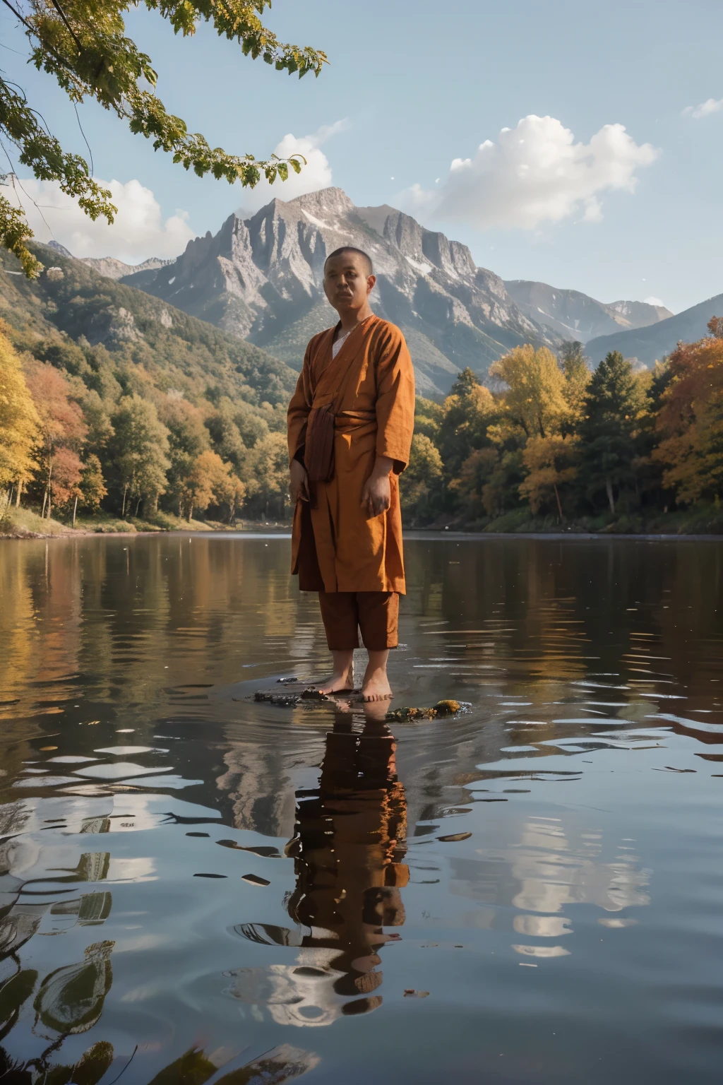 Monk man in nature, lake, colors, realistic, 4K, clear.