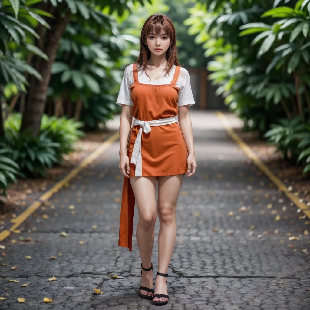 Kasumi, brown eyes, (best quality, ultra-detailed), (realistic:1.37), beautiful and detailed face, ultra-realistic texture, delicate face, delicate body, red lipstick, bright colors. High definition, 8K.