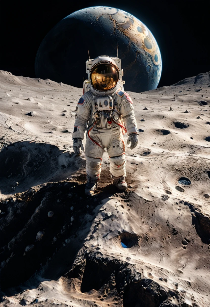 (Astronaut), astronaut stands on the highlands of the moon, witnessing the Earth rise from the lunar horizon. The beauty and tranquility are unforgettable, and the background of the scene is the pitch black universe, full body, (Photography), panoramic view, award-winning, cinematic still, emotional, vignette, dynamic, vivid, (masterpiece, best quality, Professional, perfect composition, very aesthetic, absurdres, ultra-detailed, intricate details:1.3)