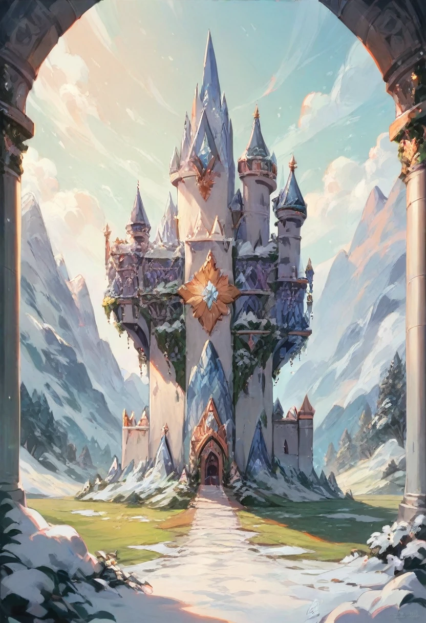 ((masterpiece)),Highest quality,Full body, One beautiful girl,Smiling face , Snowy Mountain Castle, Beautifully detailed and distinctive eyes, Beautiful detailed hair,