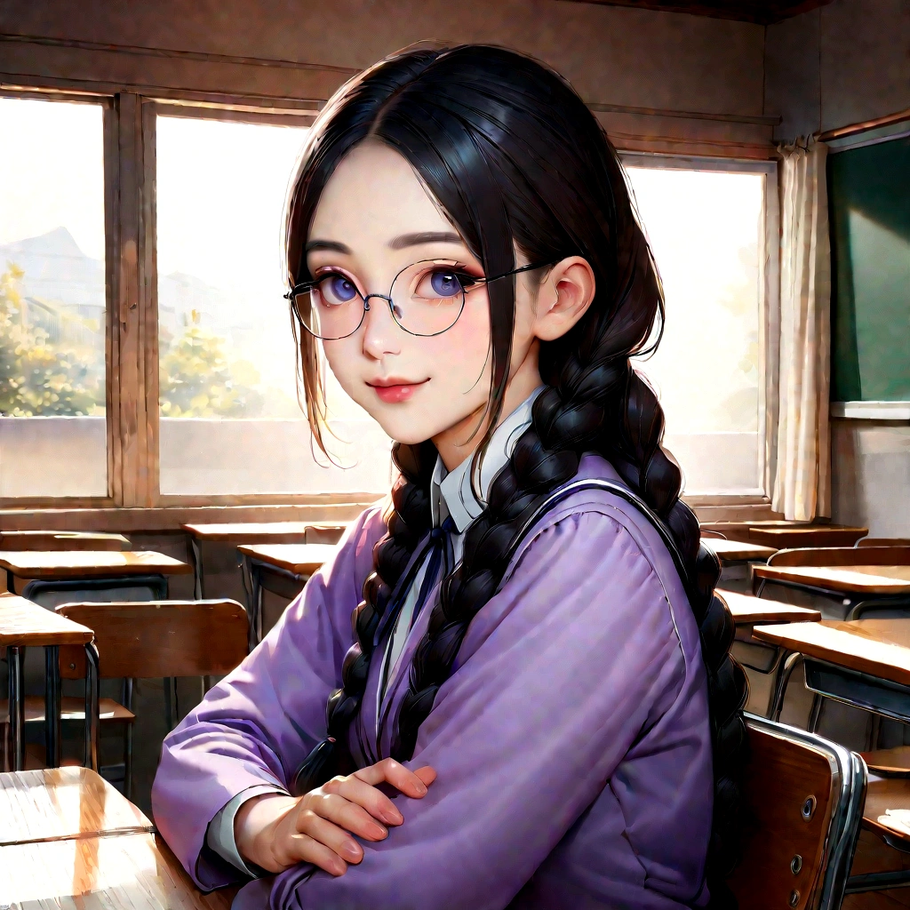 Masterpiece, Best Picture Quality, High Quality, Beautiful, Japanese, Japanese School Girl, Popular Korean Makeup, Detailed, Puffy Eyes, Ultra High Resolution, (Reality: 1.4), Very Beautiful, Slightly Young Face, Beautiful Skin, Slender, (Ultra Realistic), (Illustration), (High Resolution), (8K), (Very Detailed), (Best Illustration), (beautifully detailed eyes), (super detailed), (wallpaper), (detailed face), looking at viewer, fine detail, detailed face, pureerosfaceace_v1, smiling, 46 point slanted bangs, looking straight ahead, wearing glasses, uniform, light purple uniform, ribbon type tie, Black hair, long hair, hairstyle in braids, facing straight ahead, angle from waist up, background is school classroom, sitting on chair, realistic photo, bright lighting, professional lighting,