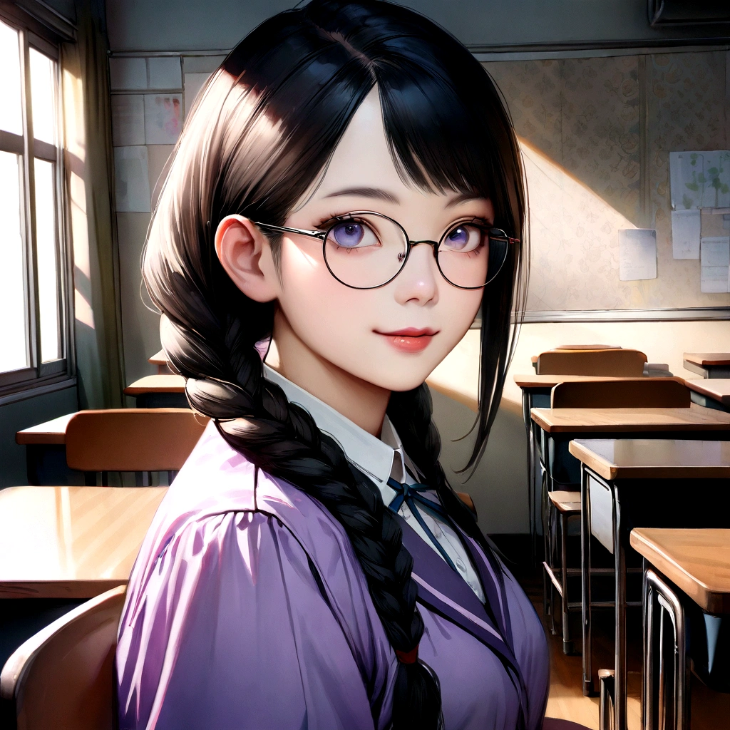Masterpiece, Best Picture Quality, High Quality, Beautiful, Japanese, Japanese School Girl, Popular Korean Makeup, Detailed, Puffy Eyes, Ultra High Resolution, (Reality: 1.4), Very Beautiful, Slightly Young Face, Beautiful Skin, Slender, (Ultra Realistic), (Illustration), (High Resolution), (8K), (Very Detailed), (Best Illustration), (beautifully detailed eyes), (super detailed), (wallpaper), (detailed face), looking at viewer, fine detail, detailed face, pureerosfaceace_v1, smiling, 46 point slanted bangs, looking straight ahead, wearing glasses, uniform, light purple uniform, ribbon type tie, Black hair, long hair, hairstyle in braids, facing straight ahead, angle from waist up, background is school classroom, sitting on chair, realistic photo, bright lighting, professional lighting,