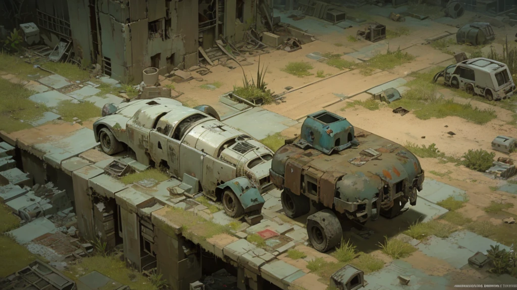 a desolate abandoned cosmodrome, crumbling concrete structures, rusted metal, overgrown vegetation, atmospheric lighting, moody tones, cinematic composition, dramatic shadows, abandoned vehicles, decaying remnants of space exploration, sense of isolation and decay, highly detailed, photorealistic, 8k, masterpiece, isometric