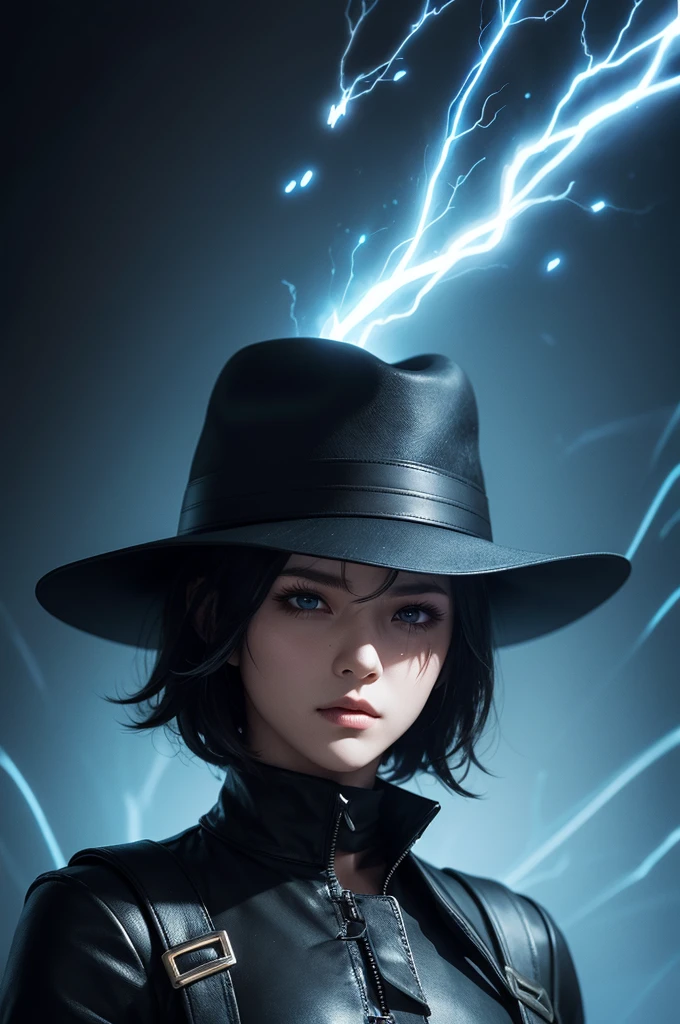 Game free fire style male character, with black hat with short prickly hair, black mask, a black high-neck blouse with RHUAN written on it ,with blue lightning effect background
