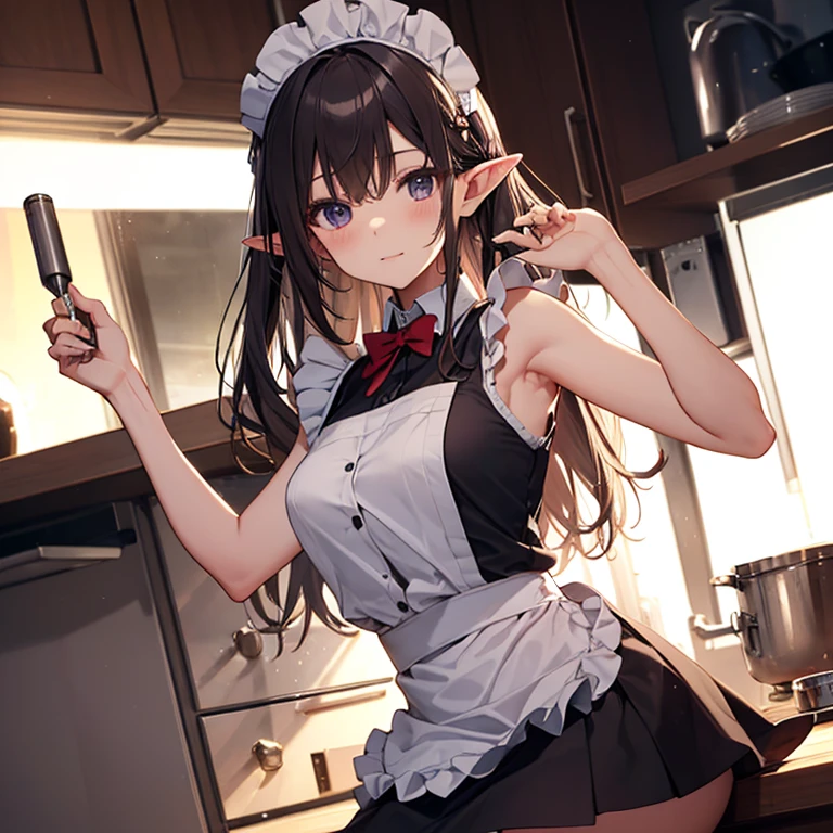 A maid, (in kitchen), various hair styles, night, details face, short skirt, seducing, sleeveless, maid uniform, armpits, elf