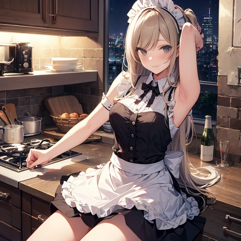 A maid, (in kitchen), various hair styles, night, details face, short skirt, seducing, sleeveless, maid uniform, armpits, elf