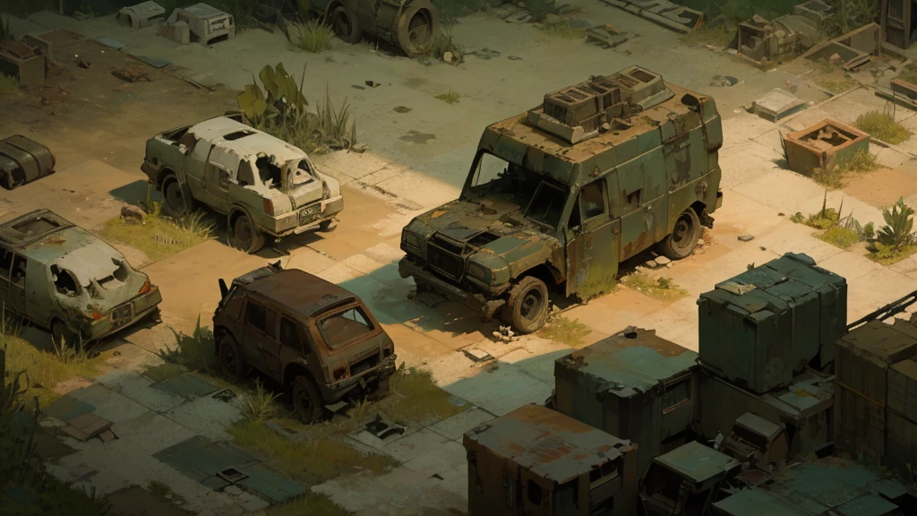 a desolate abandoned cosmodrome, crumbling concrete structures, rusted metal, overgrown vegetation, atmospheric lighting, moody tones, cinematic composition, dramatic shadows, abandoned vehicles, decaying remnants of space exploration, sense of isolation and decay, highly detailed, photorealistic, 8k, masterpiece, isometric
