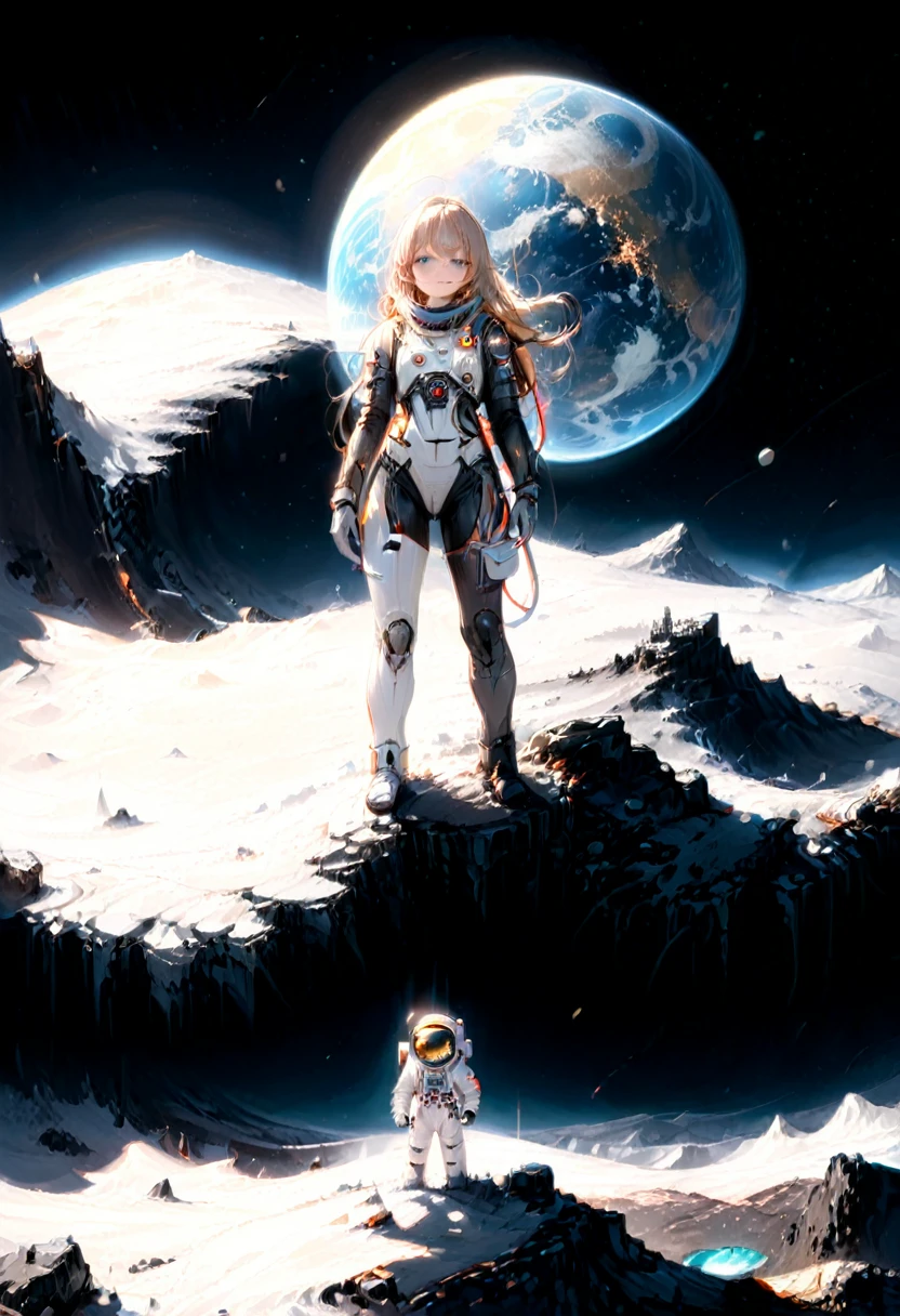 (Astronaut), astronaut stands on the highlands of the moon, witnessing the Earth rise from the lunar horizon. The beauty and tranquility are unforgettable, and the background of the scene is the pitch black universe, full body, (Photography), panoramic view, award-winning, cinematic still, emotional, vignette, dynamic, vivid, (masterpiece, best quality, Professional, perfect composition, very aesthetic, absurdres, ultra-detailed, intricate details:1.3)
