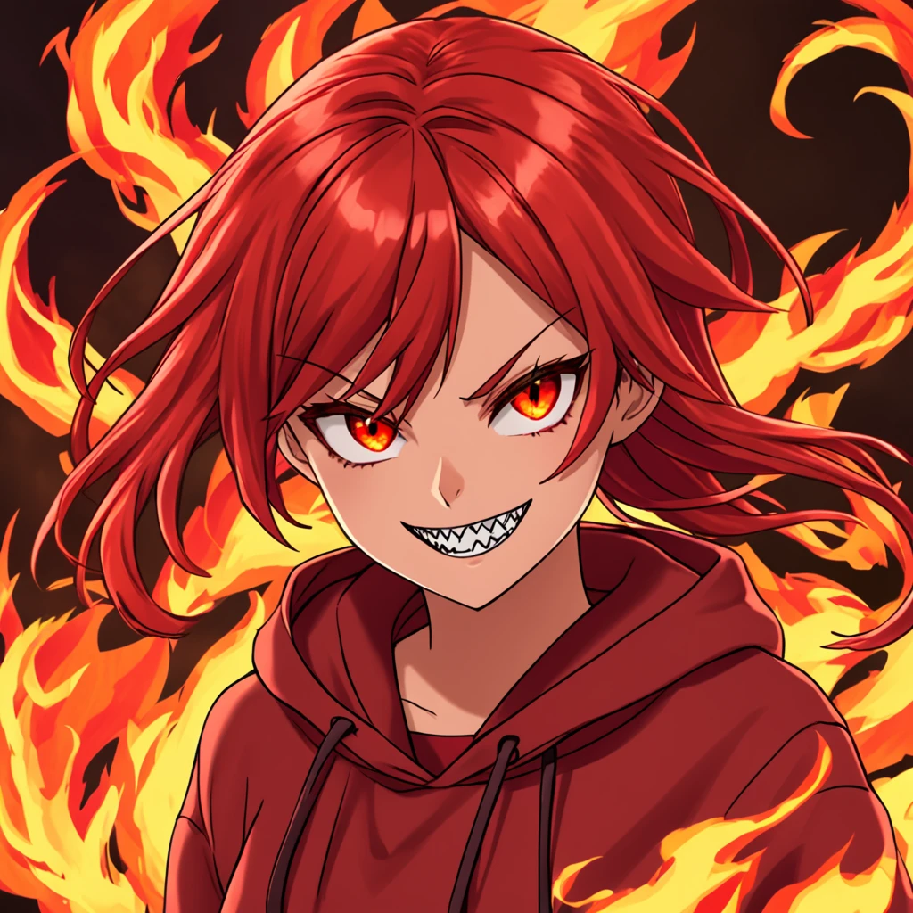 Woman, long and tied red hair, Eyes red, sweatshirt, fire elemental power, smile with sharp teeth
