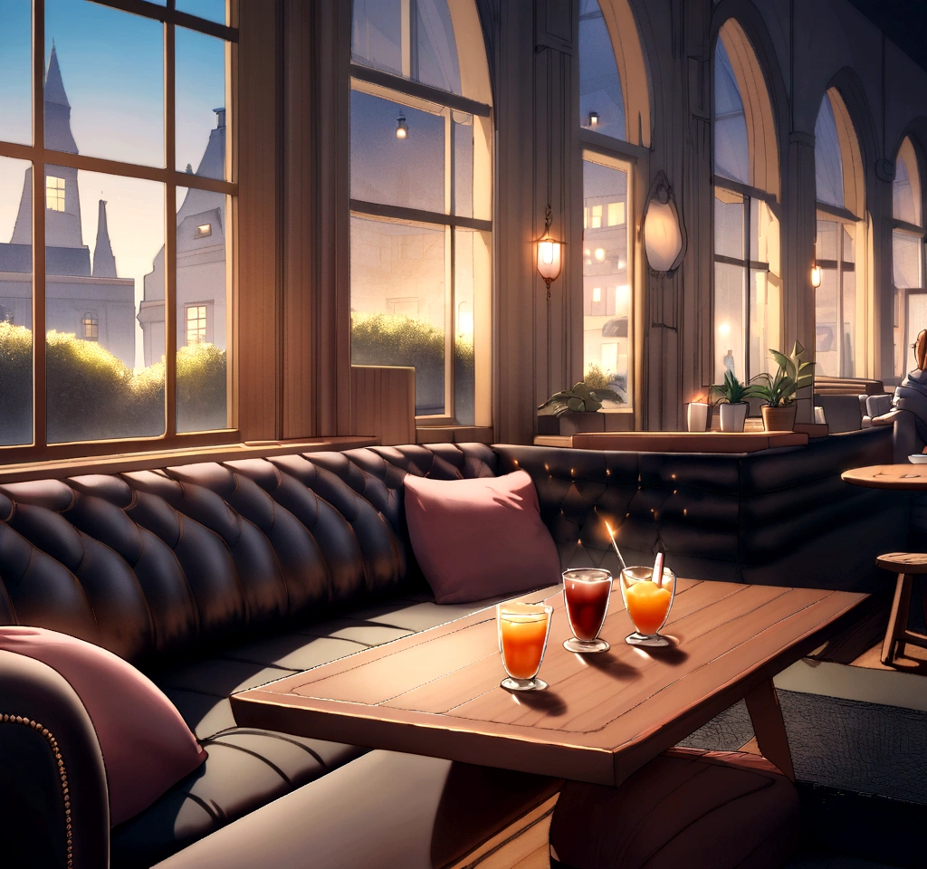 there is a couch and a table in a room with a large window, cozy atmosphere, pleasant cozy atmosphere, cosy atmosphere, cosy atmoshpere, luxurious environment, lounge background, cozy cafe background, cozy setting, cozy environment, cozy and peaceful atmosphere, by Dietmar Damerau, rich cinematic atmosphere, comfy ambience, by Frederik Vermehren. There all people seated talking to each other, laughing and enjoying drinks.
