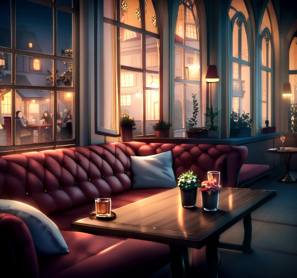 there is a couch and a table in a room with a large window, cozy atmosphere, pleasant cozy atmosphere, cosy atmosphere, cosy atmoshpere, luxurious environment, lounge background, cozy cafe background, cozy setting, cozy environment, cozy and peaceful atmosphere, by Dietmar Damerau, rich cinematic atmosphere, comfy ambience, by Frederik Vermehren. There all people seated talking to each other, laughing and enjoying drinks.