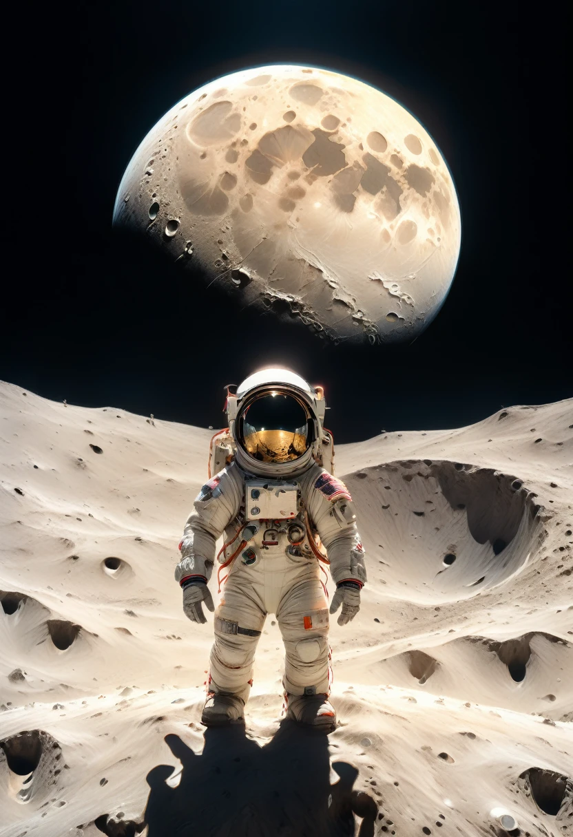 (Astronaut), astronaut stands on the highlands of the moon, witnessing the Earth rise from the lunar horizon. The beauty and tranquility are unforgettable, and the background of the scene is the pitch black universe, full body, (Photography), panoramic view, award-winning, cinematic still, emotional, vignette, dynamic, vivid, (masterpiece, best quality, Professional, perfect composition, very aesthetic, absurdres, ultra-detailed, intricate details:1.3)