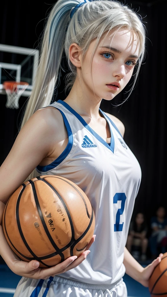 Female teenager with white hair up blue eyes and white skin playing basketball 