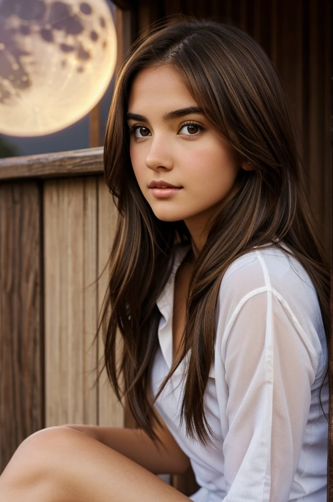 brown hair girl, Brown eyes, White skin, perfect nose, sitting looking at the moon and stars