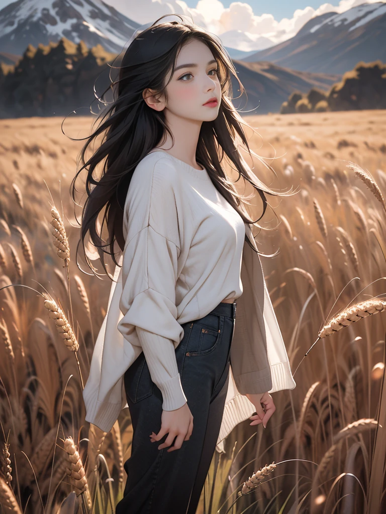 a beautiful woman，23 years old，A man standing in a vast wheat field，Tachibana crimson long-haired，Hair is messy and floating，Green eyes，Full body female love，（大Red loose sweater），Loose slacks，Sweater flutters，Edge light，（Fainting with long hair：1.5），best quality，tmasterpiece，Ultra-high resolution），（realisticlying：1.4），Slim，（shiny skin），（The woman's face looks up at the sky），Top fashion，（（Red loose sweater）），Autumn weather，Light Solution，（beautifulface：1.1），delicate eyes，lusciouslips，Depth of Field、Bokeh，author（James S. c. Christensen：1.2|Jeremy Lipkin：1.1），octane，sky sky，Star（sky sky），Starry Sky，night，Night Sky，solo，Exterior，​​clouds，galactic