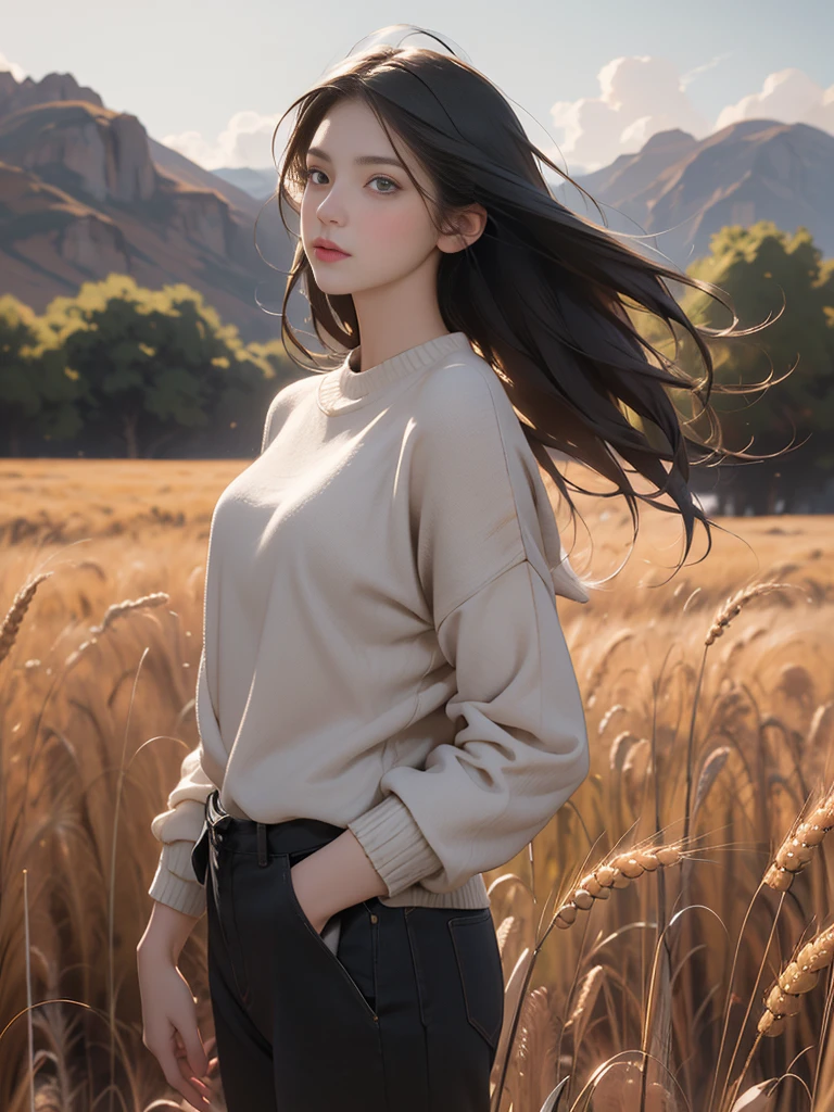 a beautiful woman，23 years old，A man standing in a vast wheat field，Tachibana crimson long-haired，Hair is messy and floating，Green eyes，Full body female love，（大Red loose sweater），Loose slacks，Sweater flutters，Edge light，（Fainting with long hair：1.5），best quality，tmasterpiece，Ultra-high resolution），（realisticlying：1.4），Slim，（shiny skin），（The woman's face looks up at the sky），Top fashion，（（Red loose sweater）），Autumn weather，Light Solution，（beautifulface：1.1），delicate eyes，lusciouslips，Depth of Field、Bokeh，author（James S. c. Christensen：1.2|Jeremy Lipkin：1.1），octane，sky sky，Star（sky sky），Starry Sky，night，Night Sky，solo，Exterior，​​clouds，galactic