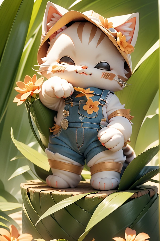 The image features the three-dimensional figure of an anthropomorphic cat wearing a hat with a flower, violet overalls and boots. The character has a satisfied expression with his eyes closed and his mouth open in a smile. It is positioned against a neutral background that does not distract from the subject.