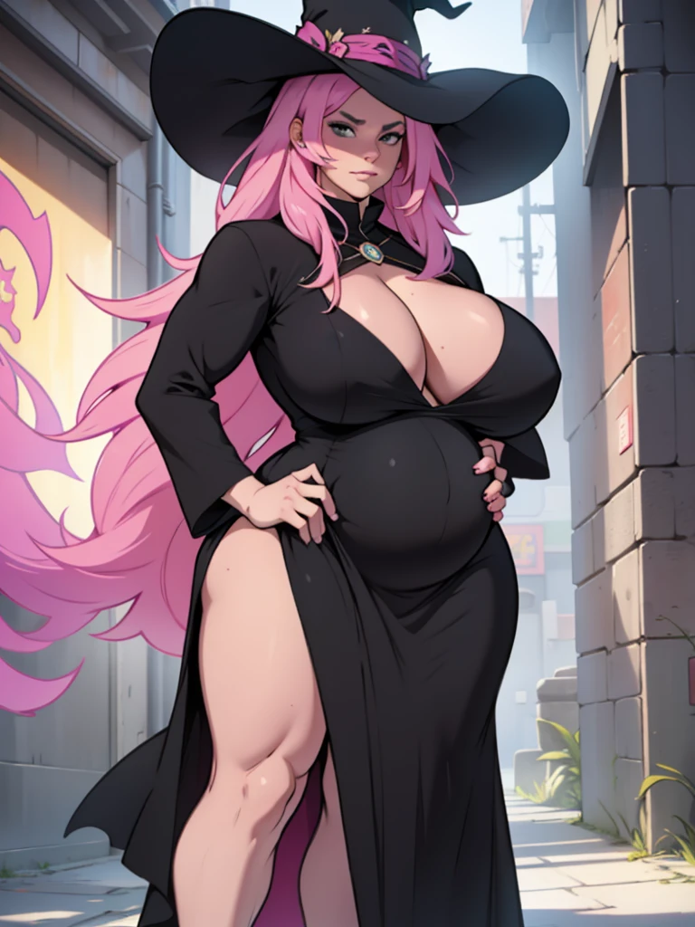 older woman in her 30s, with pink hair and a tall, curvy body, breasts big, in this, (work of art, best qualityer:1.2) wearing the legendary great black dress of the mystical sorceress, Big witch hat, pregnant, standing alone, alone, pink massive hair
