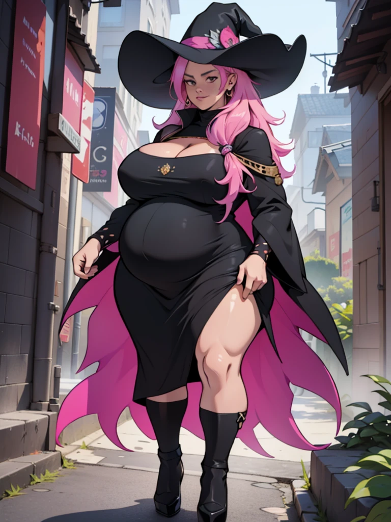 older woman in her 30s, with pink hair and a tall, curvy body, breasts big, in this, (work of art, best qualityer:1.2) wearing the legendary great black dress of the mystical sorceress, Big witch hat, pregnant, standing alone, alone, pink massive hair